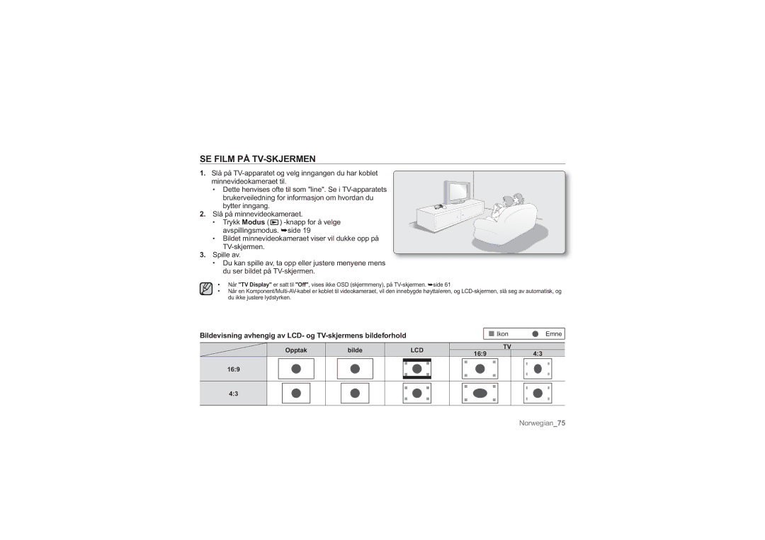 Samsung HMX-U10EP/EDC SE Film PÅ TV-SKJERMEN, Bildevisning avhengig av LCD- og TV-skjermens bildeforhold, Opptak Bilde 