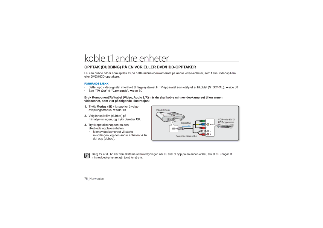 Samsung HMX-U10SP/EDC, HMX-U10BP/EDC, HMX-U10RP/EDC, HMX-U10UP/EDC manual Opptak Dubbing PÅ EN VCR Eller DVD/HDD-OPPTAKER 