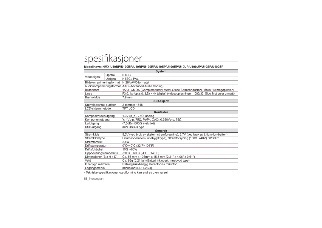 Samsung HMX-U10RP/EDC, HMX-U10BP/EDC, HMX-U10UP/EDC, HMX-U10EP/EDC, HMX-U10SP/EDC manual Spesifikasjoner, Ntsc / PAL 