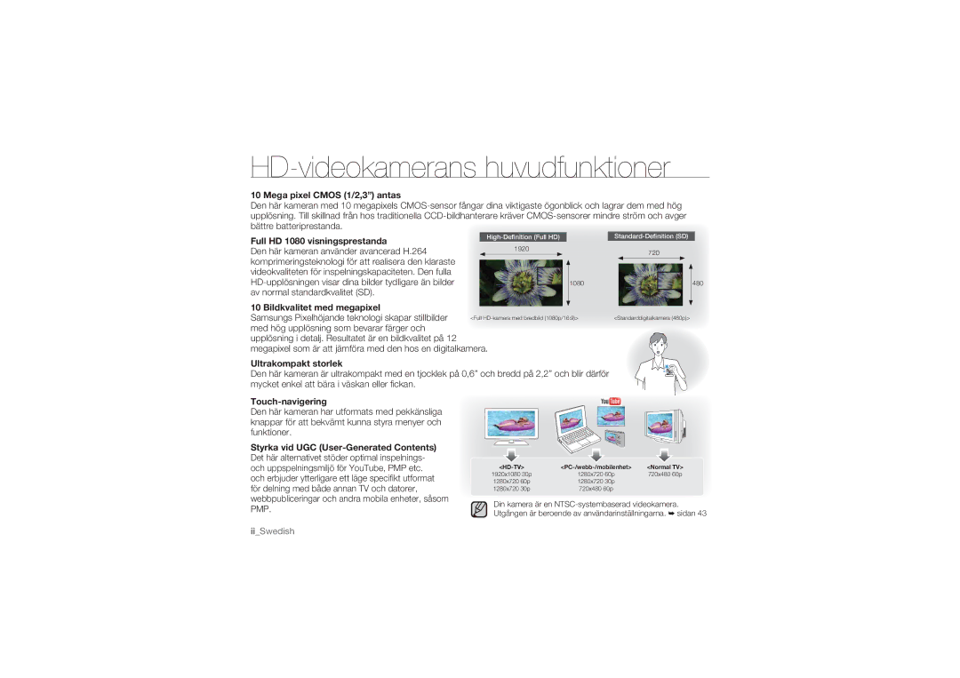 Samsung HMX-U10UP/EDC, HMX-U10BP/EDC, HMX-U10RP/EDC, HMX-U10EP/EDC, HMX-U10SP/EDC manual HD-videokamerans huvudfunktioner 