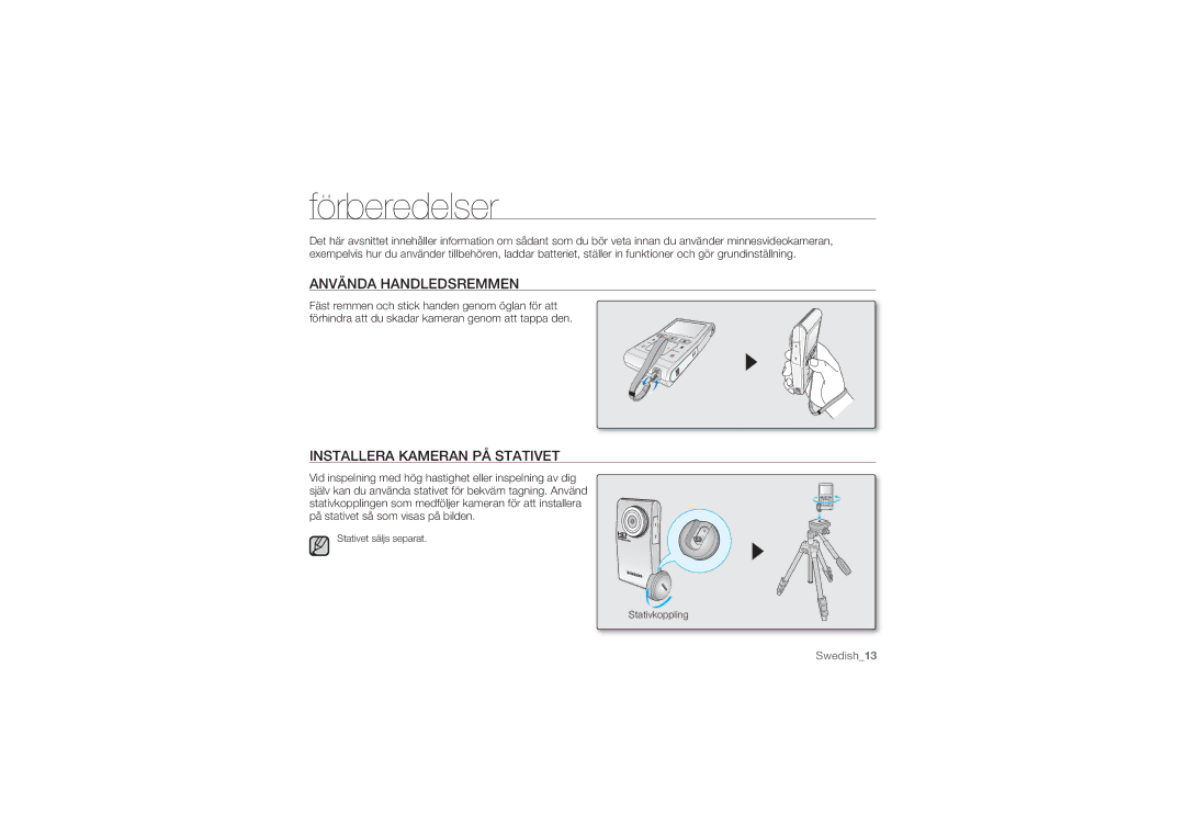 Samsung HMX-U10RP/EDC, HMX-U10BP/EDC, HMX-U10UP/EDC Förberedelser, Använda Handledsremmen, Installera Kameran PÅ Stativet 