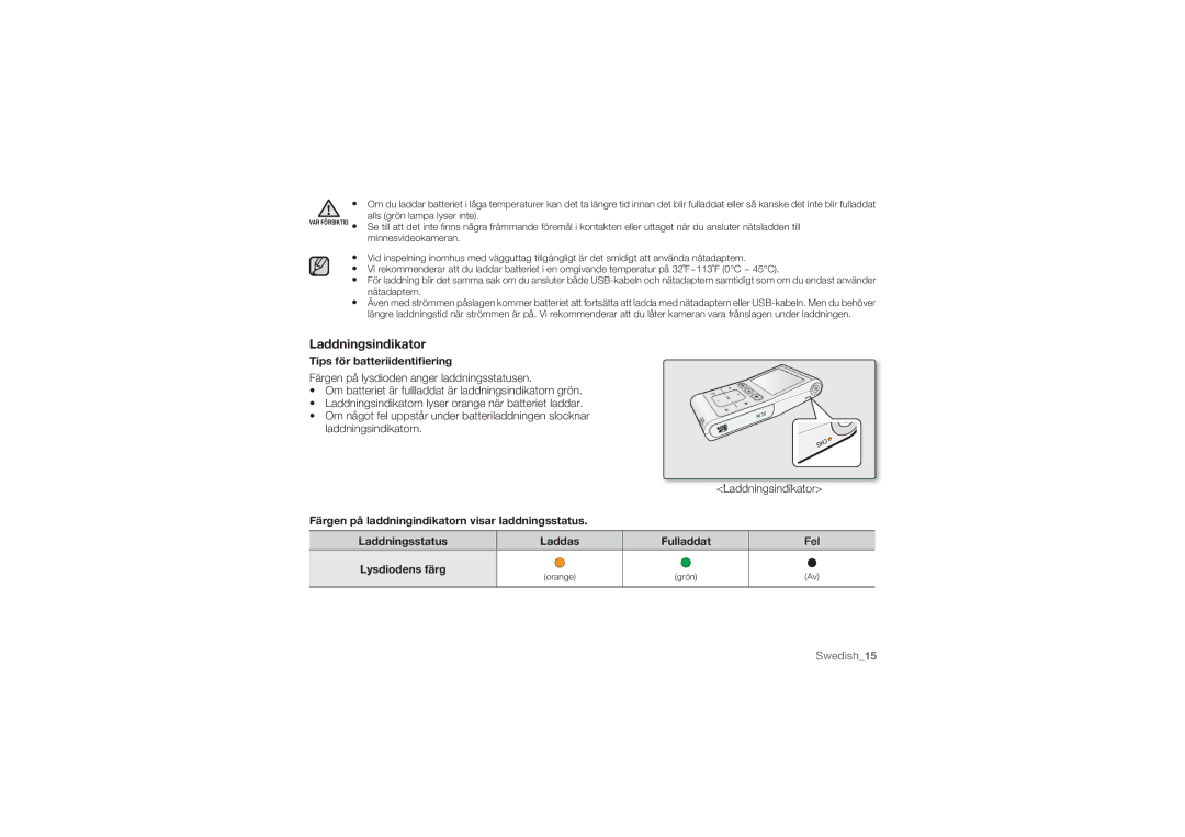 Samsung HMX-U10EP/EDC Laddningsindikator, Tips för batteriidentiﬁering, Färgen på laddningindikatorn visar laddningsstatus 