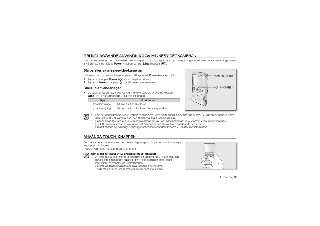 Samsung HMX-U10UP/EDC manual Grundläggande Användning AV Minnesvideokameran, Använda TOUCH-KNAPPEN, Ställa in användarlägen 