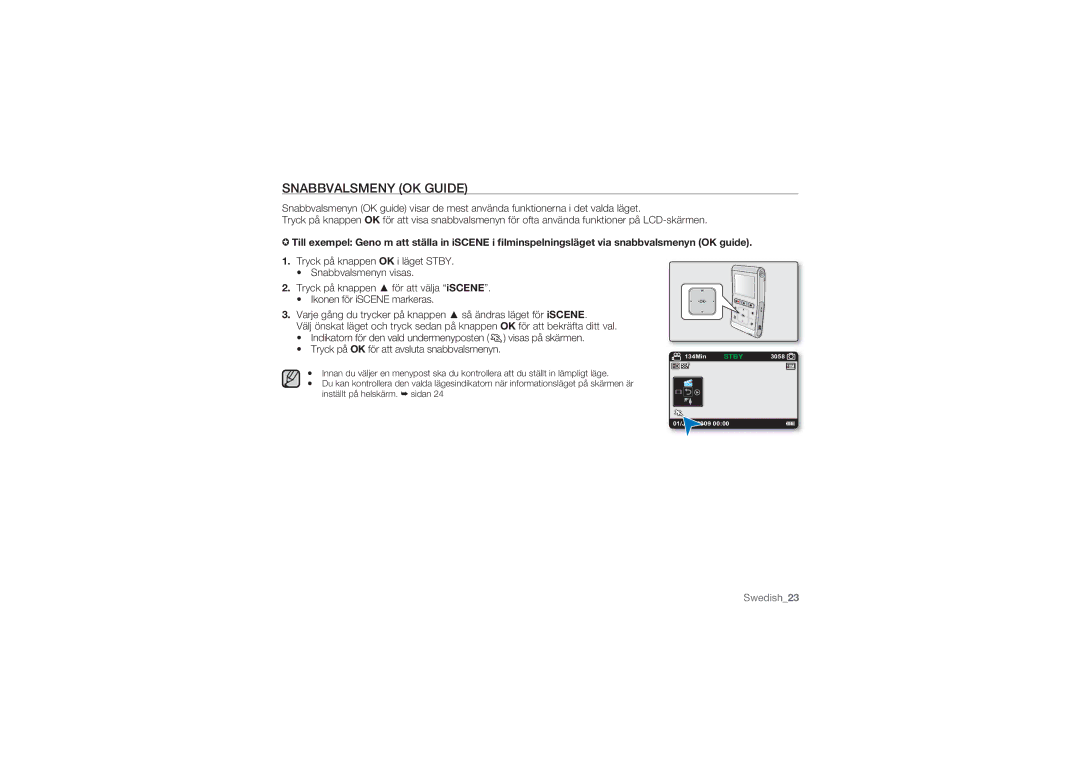 Samsung HMX-U10RP/EDC, HMX-U10BP/EDC, HMX-U10UP/EDC, HMX-U10EP/EDC, HMX-U10SP/EDC manual Snabbvalsmeny OK Guide 