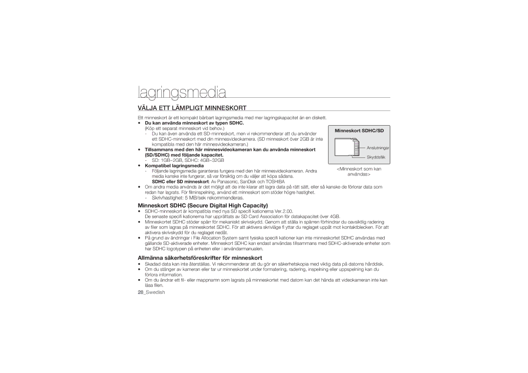 Samsung HMX-U10RP/EDC, HMX-U10BP/EDC manual Välja ETT Lämpligt Minneskort, Minneskort Sdhc Secure Digital High Capacity 