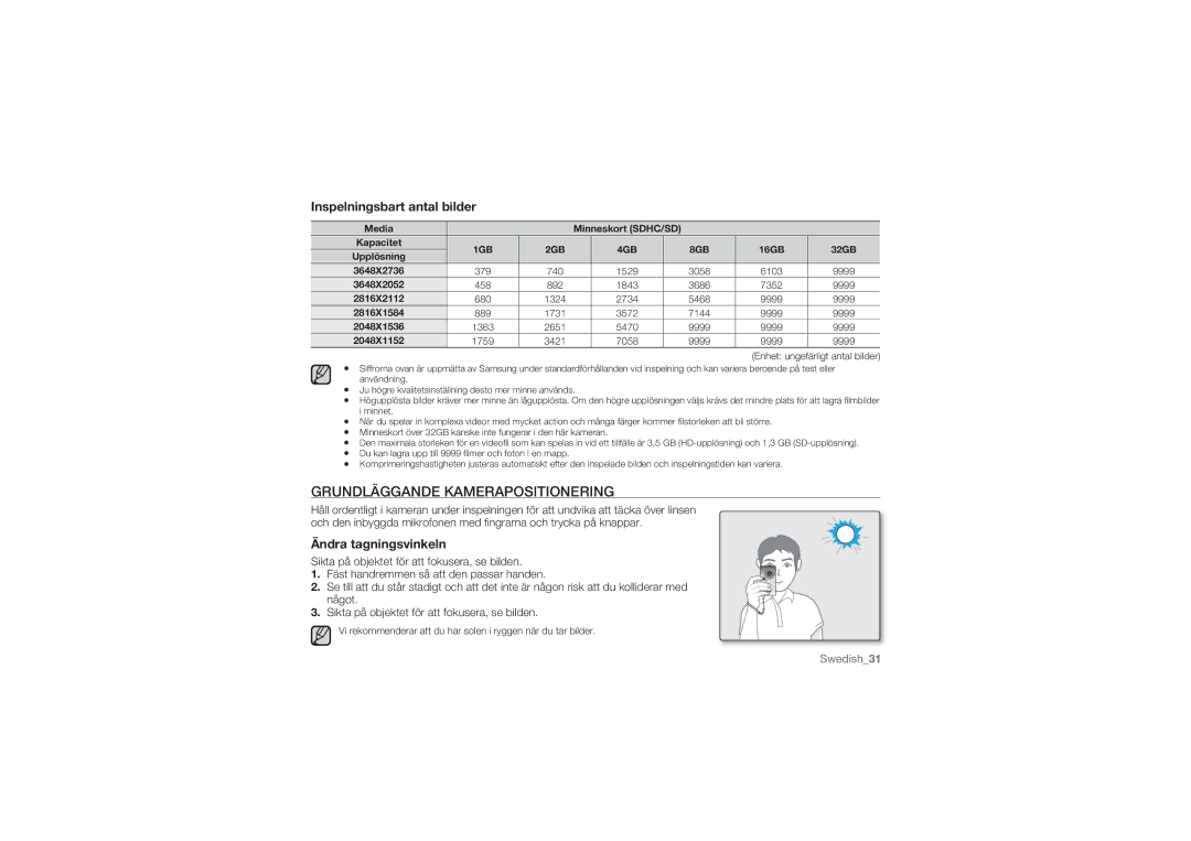 Samsung HMX-U10SP/EDC manual Grundläggande Kamerapositionering, Inspelningsbart antal bilder, Ändra tagningsvinkeln 