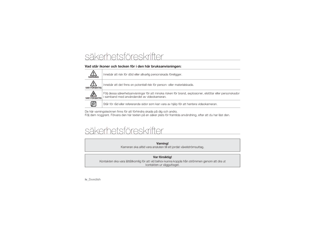 Samsung HMX-U10SP/EDC manual Säkerhetsföreskrifter, Vad står ikoner och tecken för i den här bruksanvisningen, Varning 