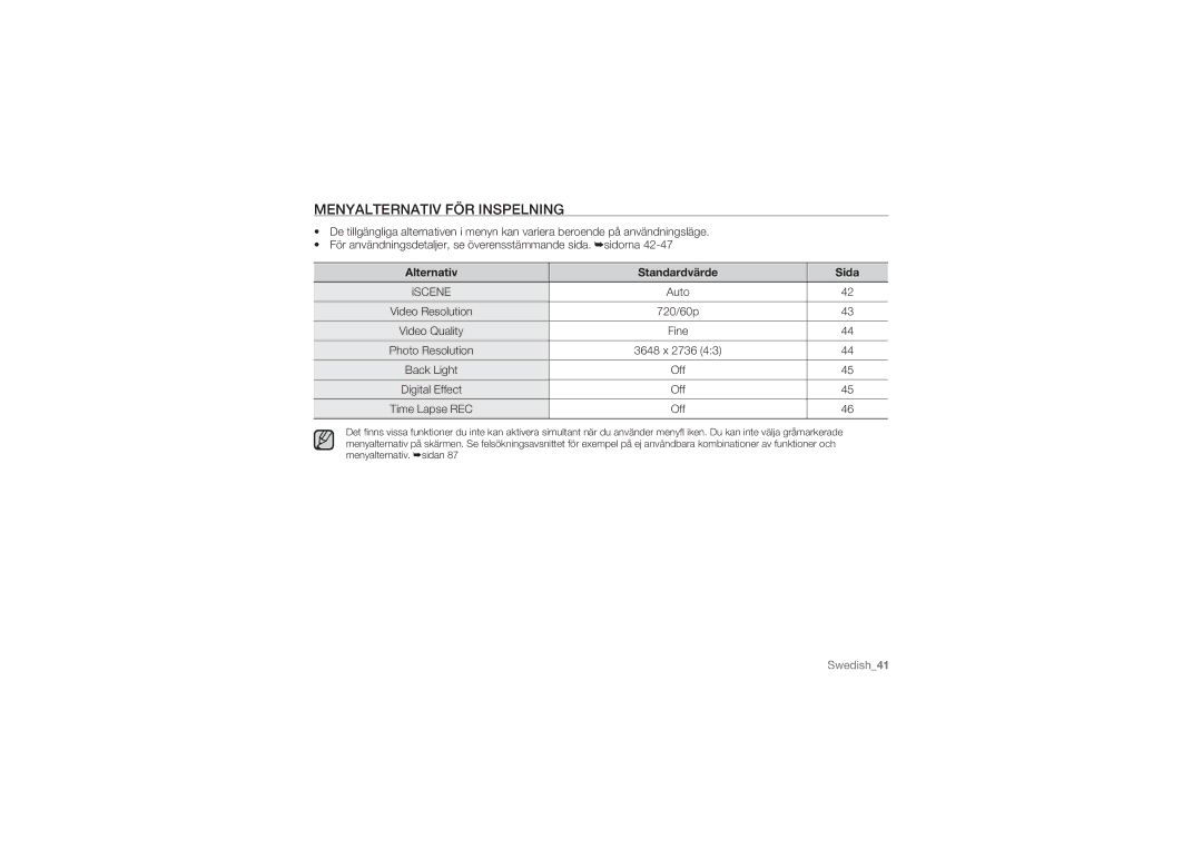 Samsung HMX-U10SP/EDC, HMX-U10BP/EDC, HMX-U10RP/EDC, HMX-U10UP/EDC manual Menyalternativ FÖR Inspelning, Alternativ, Sida 