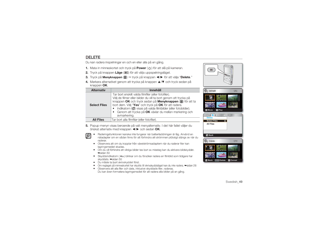 Samsung HMX-U10UP/EDC, HMX-U10BP/EDC, HMX-U10RP/EDC, HMX-U10EP/EDC, HMX-U10SP/EDC manual Delete, Alternativ Innehåll, All Files 