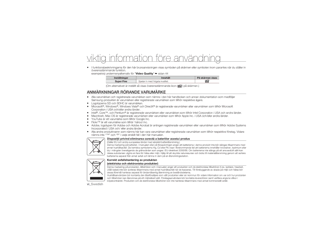 Samsung HMX-U10RP/EDC, HMX-U10BP/EDC, HMX-U10UP/EDC, HMX-U10EP/EDC, HMX-U10SP/EDC manual Anmärkningar Rörande Varumärke 