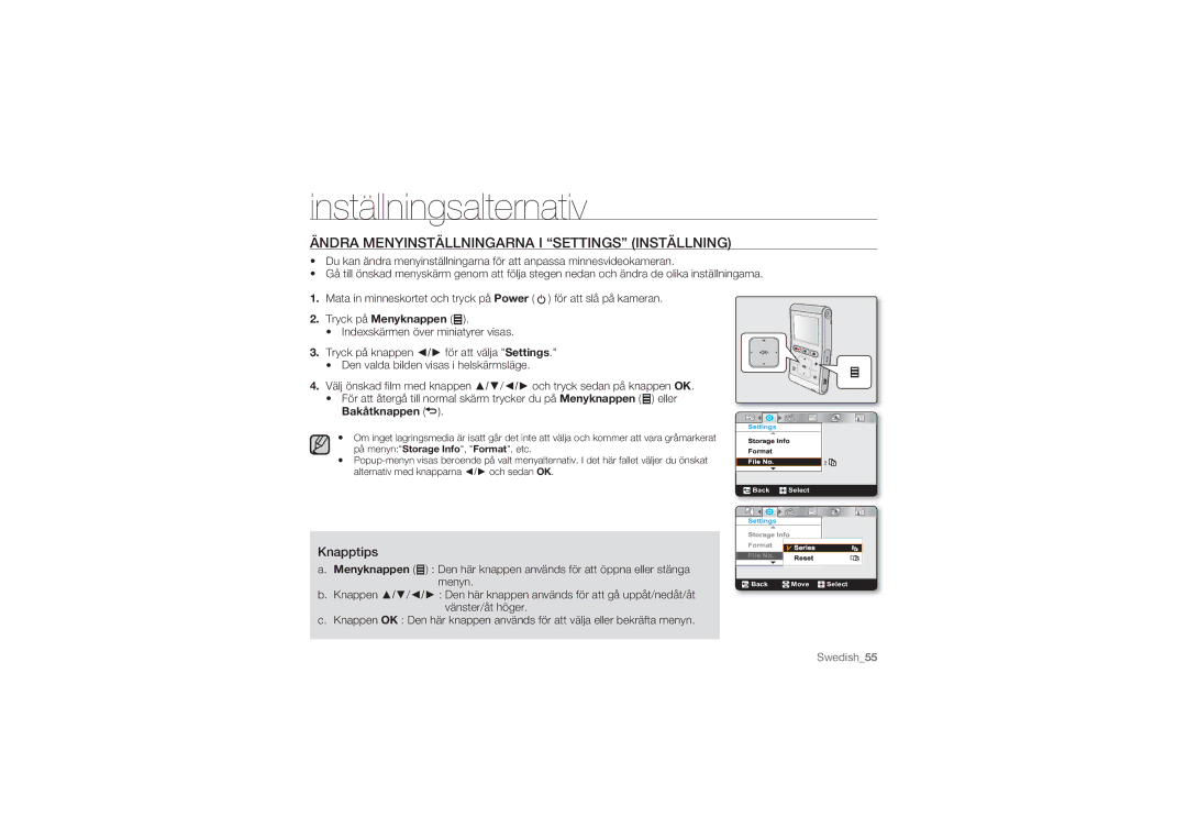 Samsung HMX-U10EP/EDC, HMX-U10BP/EDC manual Inställningsalternativ, Ändra Menyinställningarna I Settings Inställning 