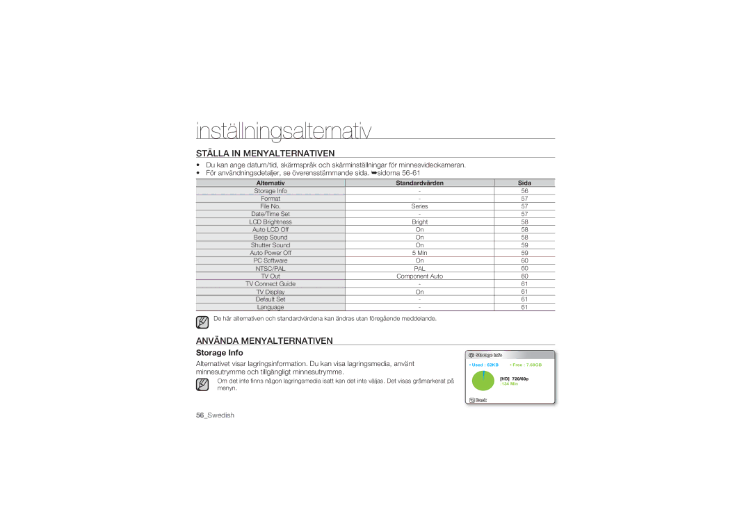 Samsung HMX-U10SP/EDC, HMX-U10BP/EDC Ställa in Menyalternativen, Använda Menyalternativen, Storage Info, Alternativ, Sida 