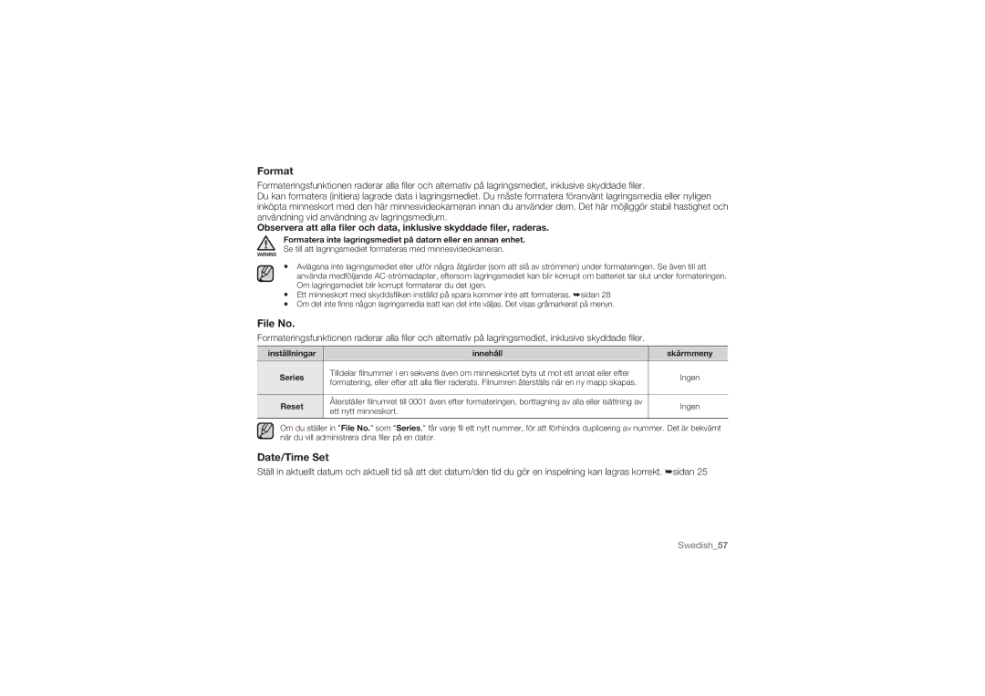 Samsung HMX-U10BP/EDC, HMX-U10RP/EDC manual Format, File No, Date/Time Set, Inställningar Innehåll Skärmmeny Series, Reset 