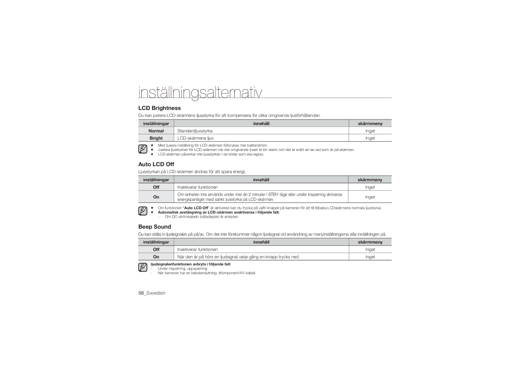 Samsung HMX-U10RP/EDC, HMX-U10BP/EDC, HMX-U10UP/EDC, HMX-U10EP/EDC, HMX-U10SP/EDC LCD Brightness, Auto LCD Off, Beep Sound 