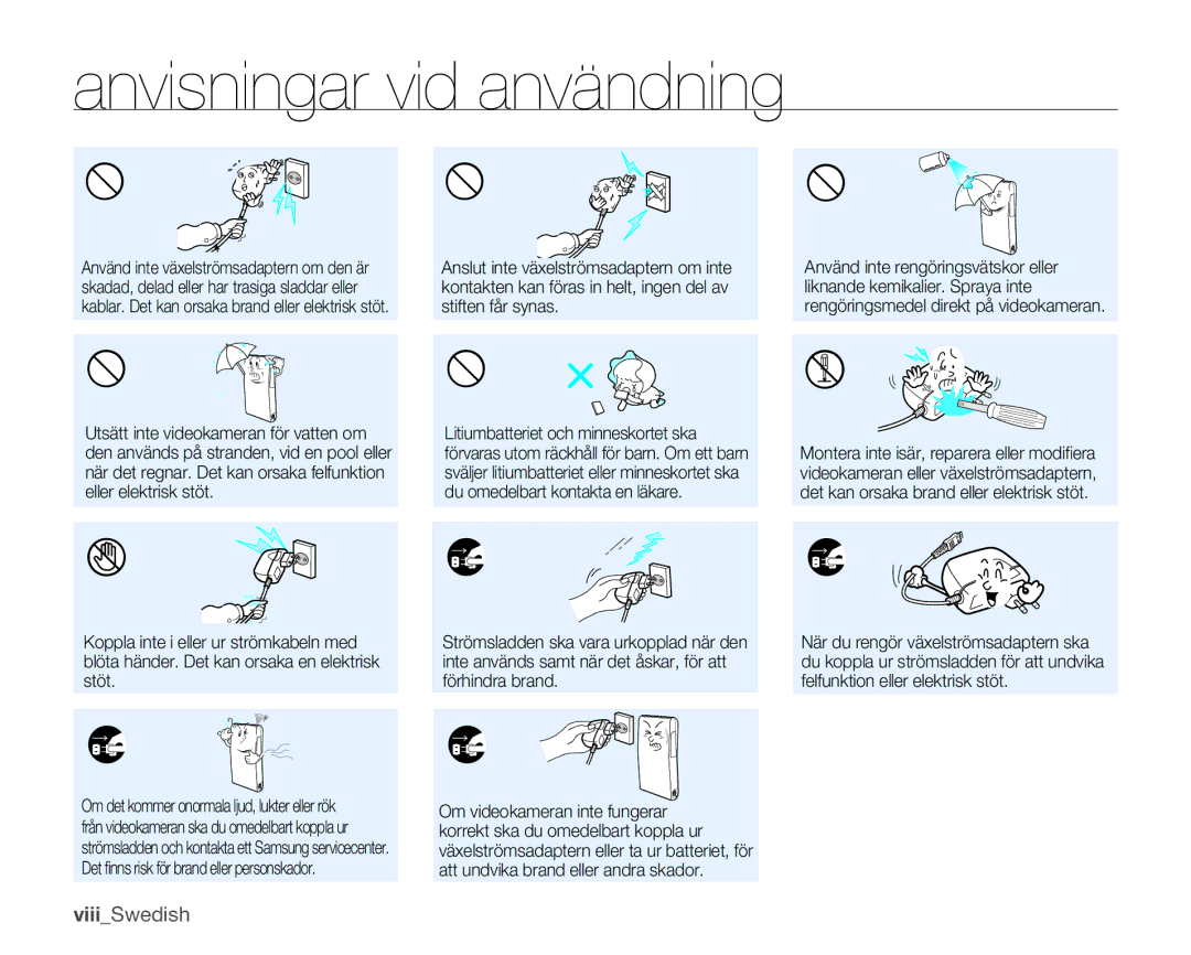 Samsung HMX-U10EP/EDC, HMX-U10BP/EDC, HMX-U10RP/EDC, HMX-U10UP/EDC, HMX-U10SP/EDC manual Anvisningar vid användning 