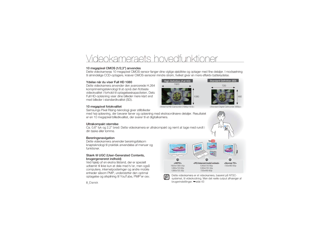 Samsung HMX-U10UP/EDC, HMX-U10BP/EDC, HMX-U10RP/EDC, HMX-U10EP/EDC, HMX-U10SP/EDC manual Videokameraets hovedfunktioner 