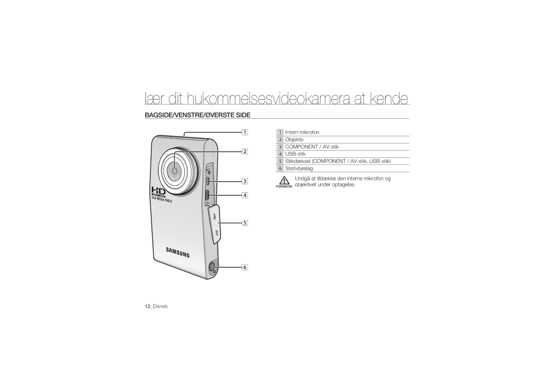 Samsung HMX-U10BP/EDC, HMX-U10RP/EDC, HMX-U10UP/EDC, HMX-U10EP/EDC, HMX-U10SP/EDC manual BAGSIDE/VENSTRE/ØVERSTE Side 