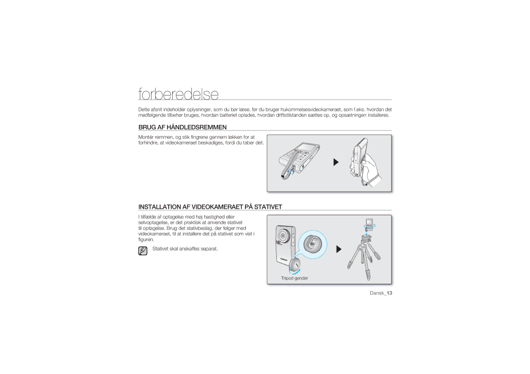 Samsung HMX-U10RP/EDC, HMX-U10BP/EDC manual Forberedelse, Brug AF Håndledsremmen, Installation AF Videokameraet PÅ Stativet 