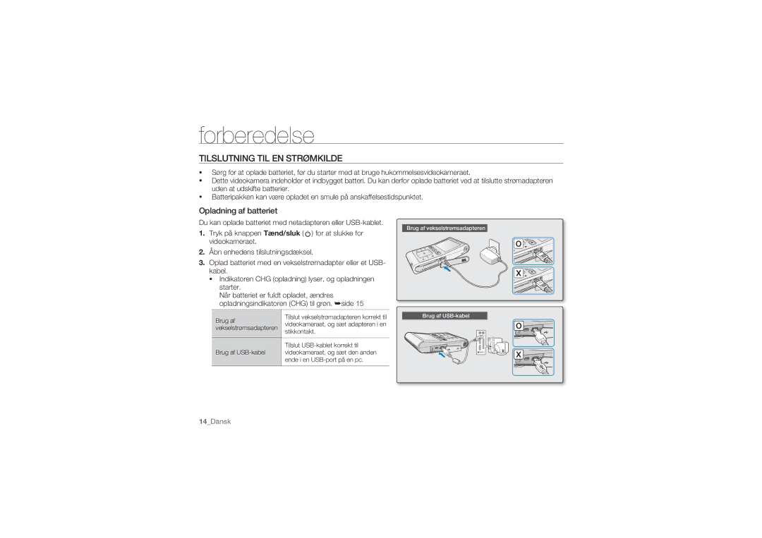 Samsung HMX-U10UP/EDC, HMX-U10BP/EDC, HMX-U10RP/EDC, HMX-U10EP/EDC Tilslutning TIL EN Strømkilde, Opladning af batteriet 