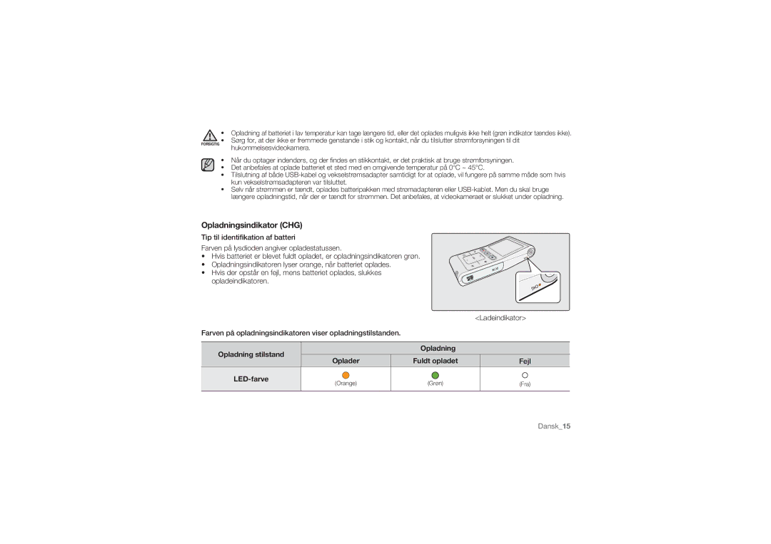 Samsung HMX-U10EP/EDC Opladningsindikator CHG, Ladeindikator, Farven på opladningsindikatoren viser opladningstilstanden 