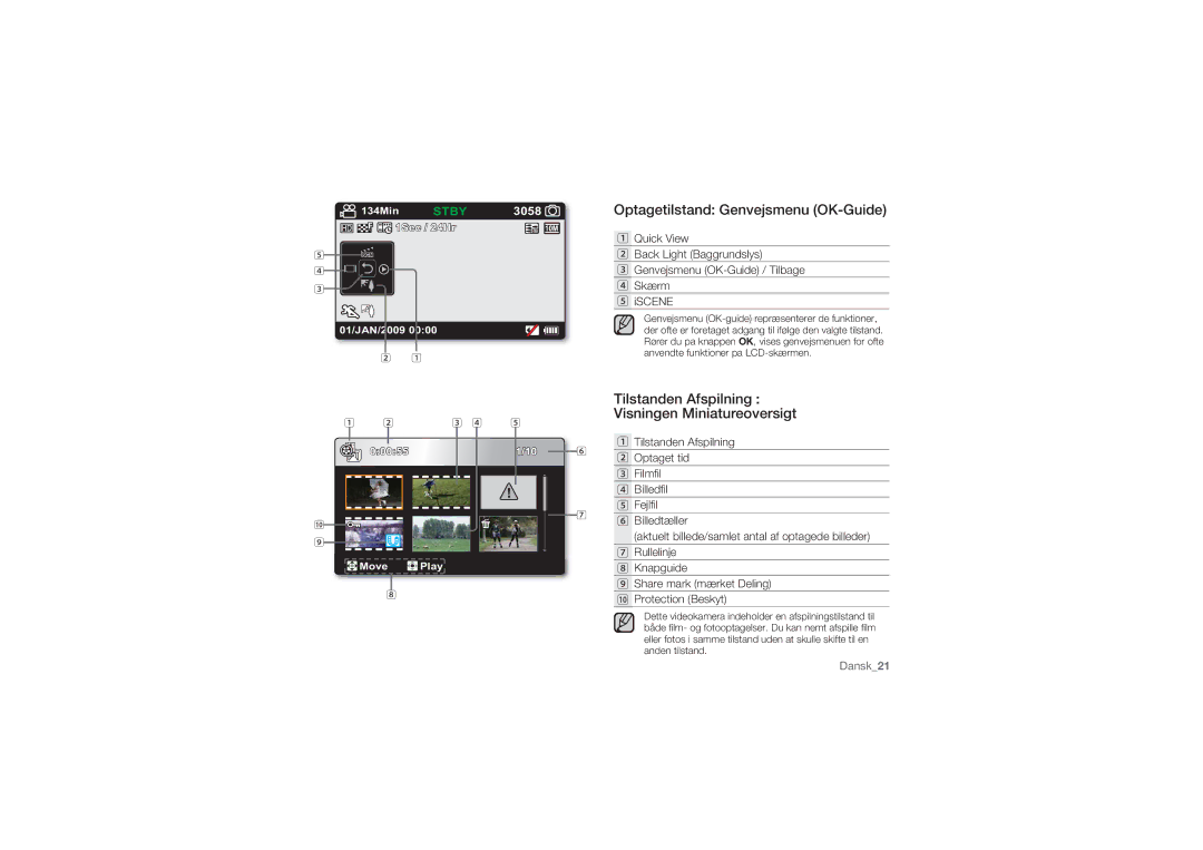 Samsung HMX-U10SP/EDC, HMX-U10BP/EDC, HMX-U10RP/EDC, HMX-U10UP/EDC, HMX-U10EP/EDC manual Optagetilstand Genvejsmenu OK-Guide 