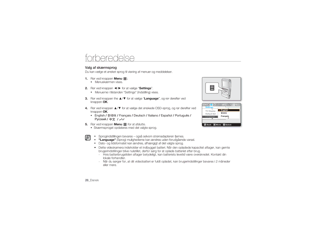 Samsung HMX-U10SP/EDC, HMX-U10BP/EDC, HMX-U10RP/EDC, HMX-U10UP/EDC, HMX-U10EP/EDC manual Forberedelse, Valg af skærmsprog 