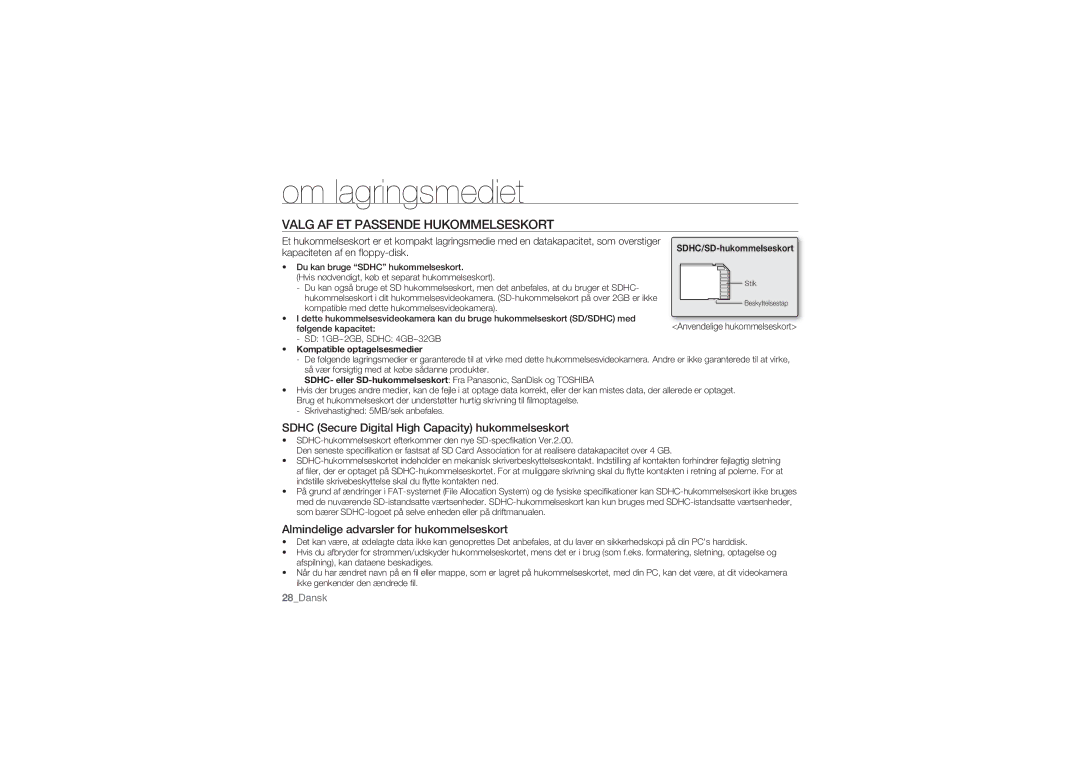 Samsung HMX-U10RP/EDC manual Valg AF ET Passende Hukommelseskort, Sdhc Secure Digital High Capacity hukommelseskort 