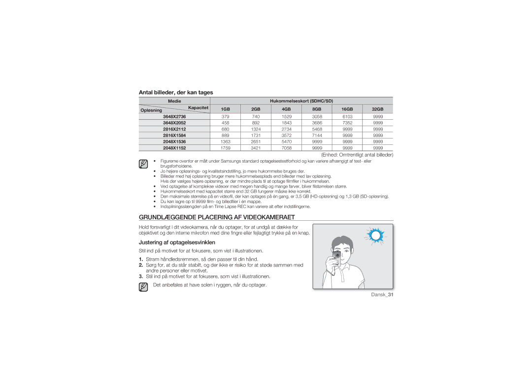 Samsung HMX-U10SP/EDC, HMX-U10BP/EDC, HMX-U10RP/EDC Grundlæggende Placering AF Videokameraet, Antal billeder, der kan tages 