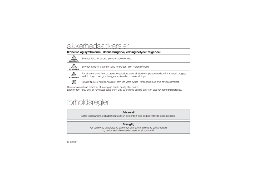 Samsung HMX-U10SP/EDC, HMX-U10BP/EDC, HMX-U10RP/EDC, HMX-U10UP/EDC manual Sikkerhedsadvarsler, Forholdsregler, Forsigtig 