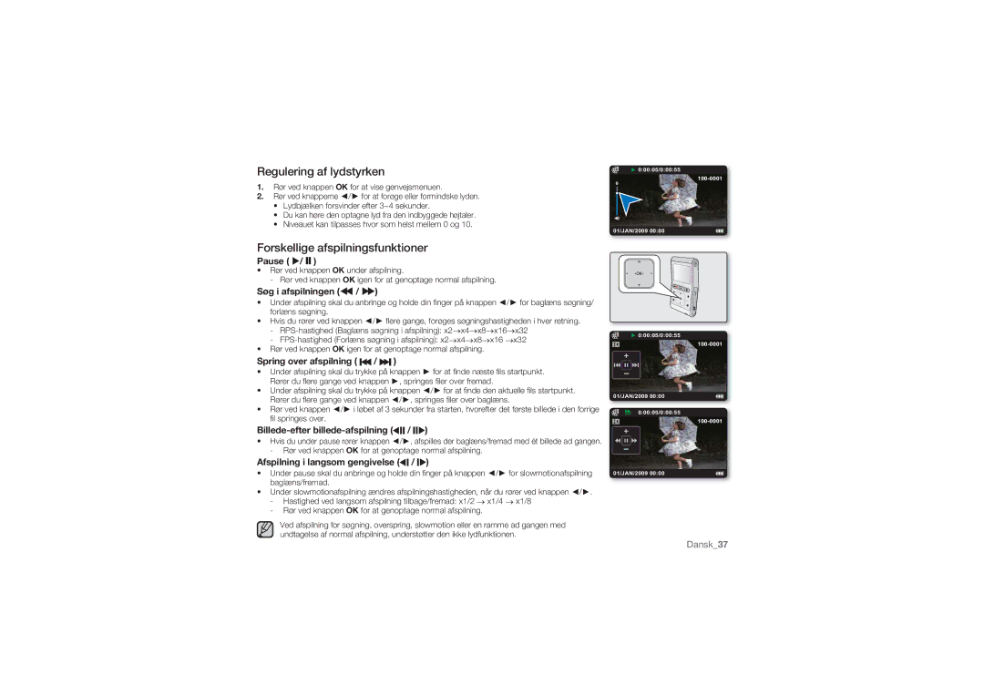 Samsung HMX-U10BP/EDC manual Pause / ZZ, Søg i afspilningen, Spring over afspilning / , Afspilning i langsom gengivelse 