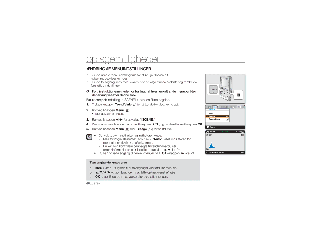 Samsung HMX-U10EP/EDC, HMX-U10BP/EDC, HMX-U10RP/EDC, HMX-U10UP/EDC manual Optagemuligheder, Ændring AF Menuindstillinger 