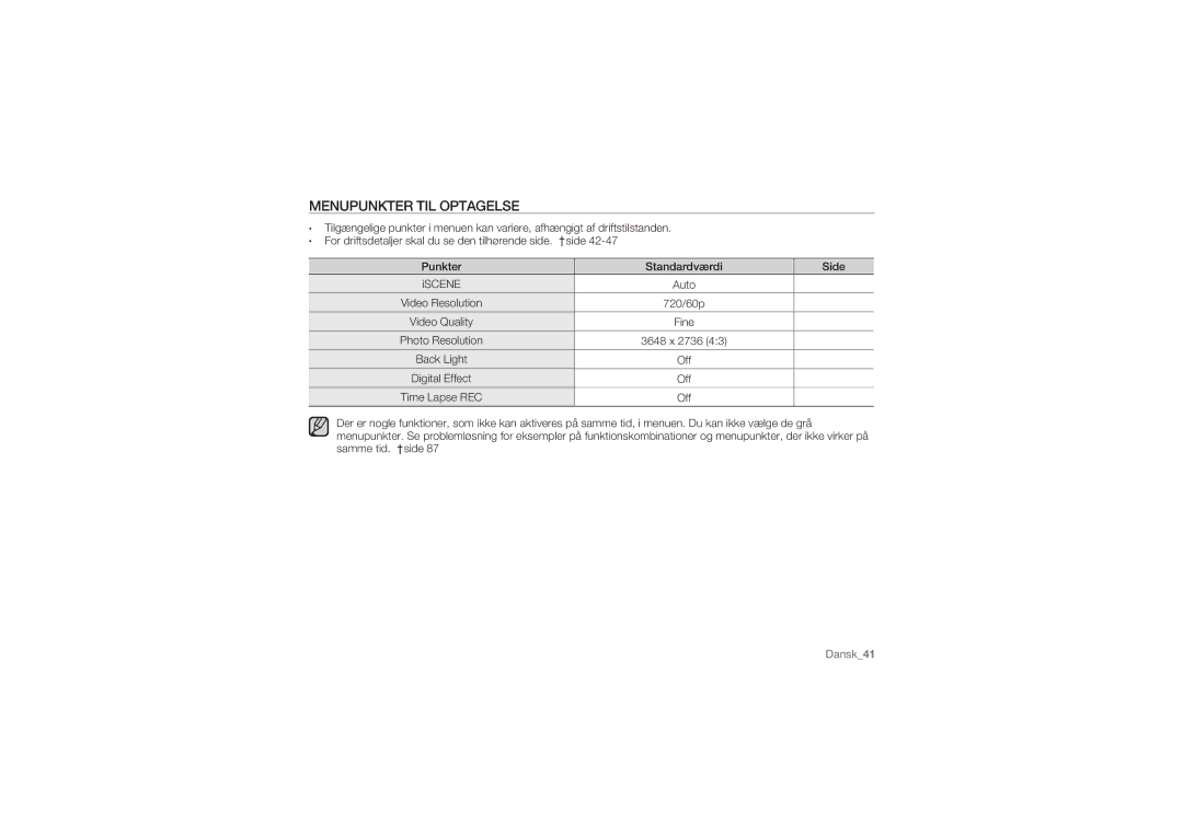 Samsung HMX-U10SP/EDC, HMX-U10BP/EDC, HMX-U10RP/EDC, HMX-U10UP/EDC manual Menupunkter TIL Optagelse, 720/60p, Time Lapse REC 