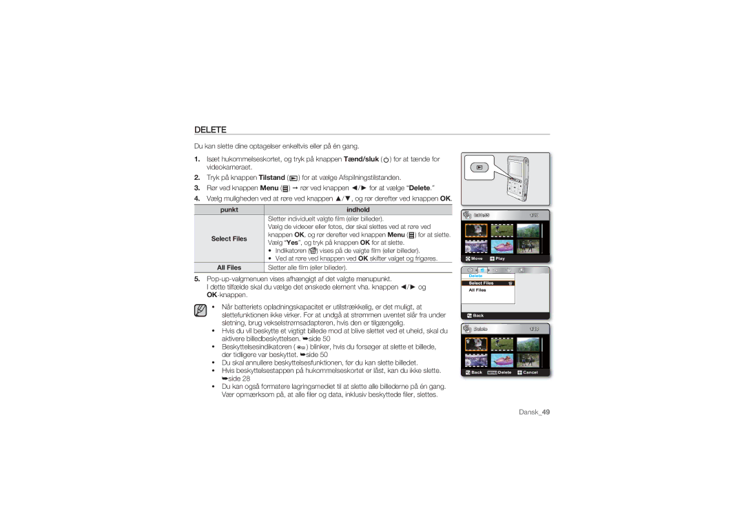 Samsung HMX-U10UP/EDC, HMX-U10BP/EDC, HMX-U10RP/EDC, HMX-U10EP/EDC, HMX-U10SP/EDC manual Delete, Select Files, All Files 