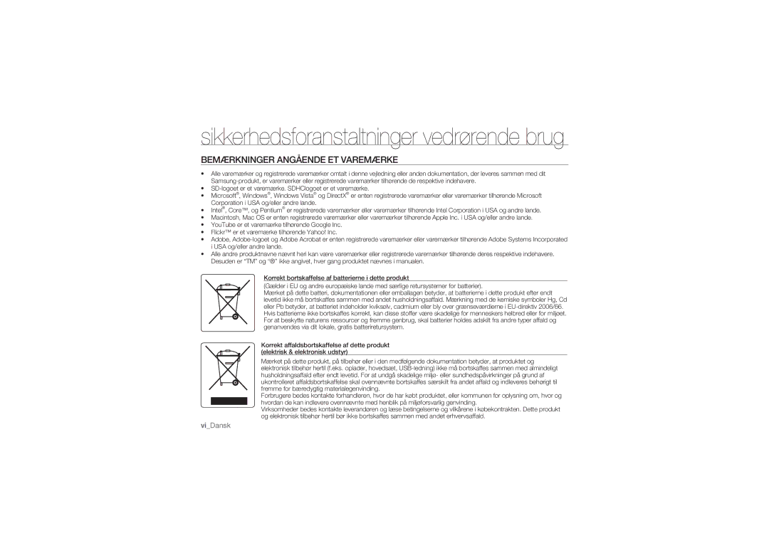 Samsung HMX-U10RP/EDC, HMX-U10BP/EDC, HMX-U10UP/EDC, HMX-U10EP/EDC, HMX-U10SP/EDC manual Bemærkninger Angående ET Varemærke 