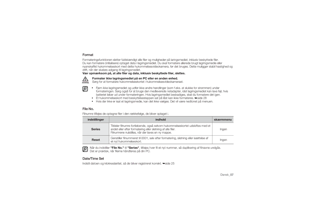 Samsung HMX-U10BP/EDC, HMX-U10RP/EDC manual Format, File No, Date/Time Set, Indstillinger Indhold, Et nyt hukommelseskort 