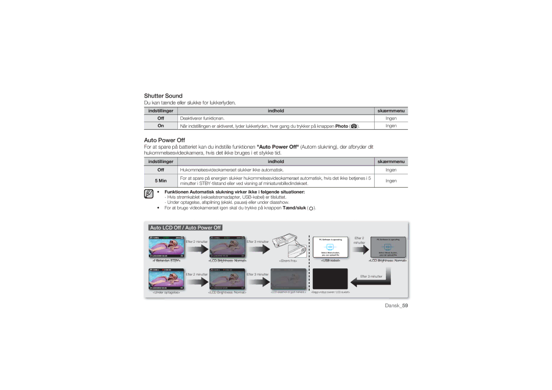 Samsung HMX-U10UP/EDC, HMX-U10BP/EDC manual Shutter Sound, Auto Power Off, Du kan tænde eller slukke for lukkerlyden, Min 