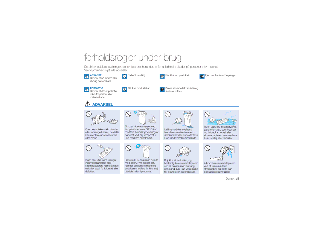 Samsung HMX-U10UP/EDC, HMX-U10BP/EDC, HMX-U10RP/EDC, HMX-U10EP/EDC, HMX-U10SP/EDC manual Forholdsregler under brug, Forsigtig 