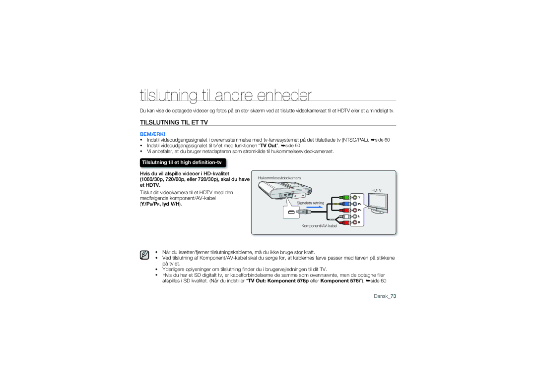 Samsung HMX-U10RP/EDC, HMX-U10BP/EDC, HMX-U10UP/EDC, HMX-U10EP/EDC manual Tilslutning til andre enheder, Tilslutning TIL ET TV 