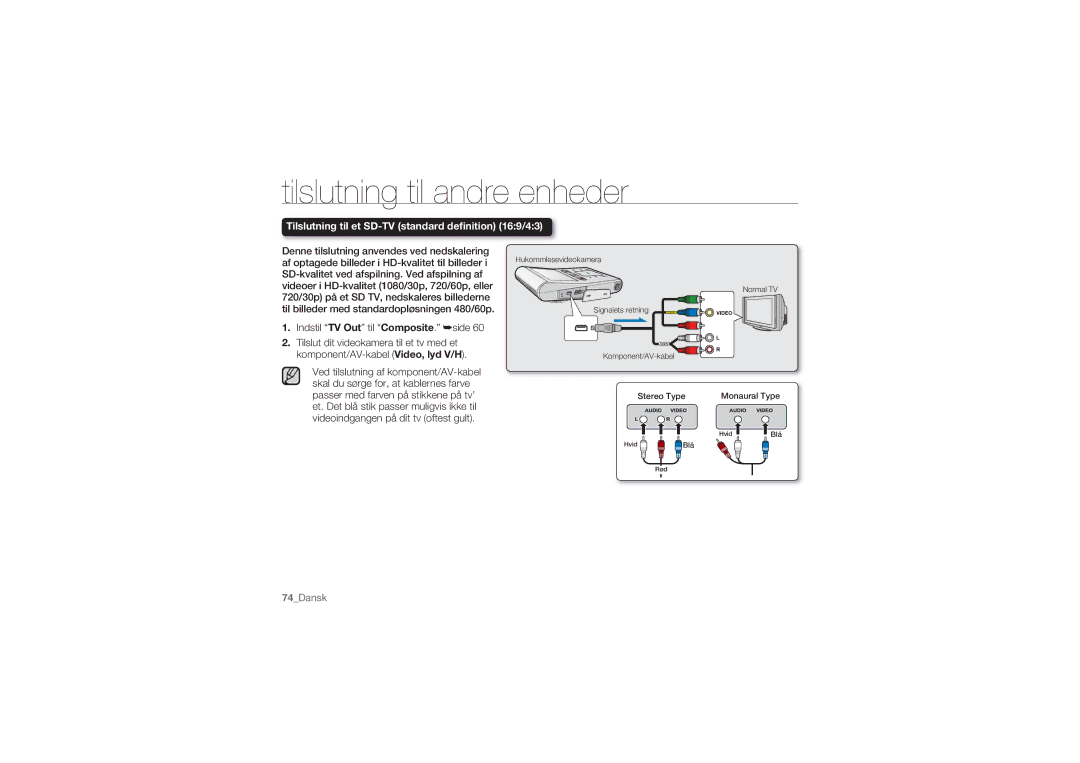 Samsung HMX-U10UP/EDC, HMX-U10BP/EDC, HMX-U10RP/EDC, HMX-U10EP/EDC manual Tilslutning til et SD-TV standard deﬁnition 169/43 