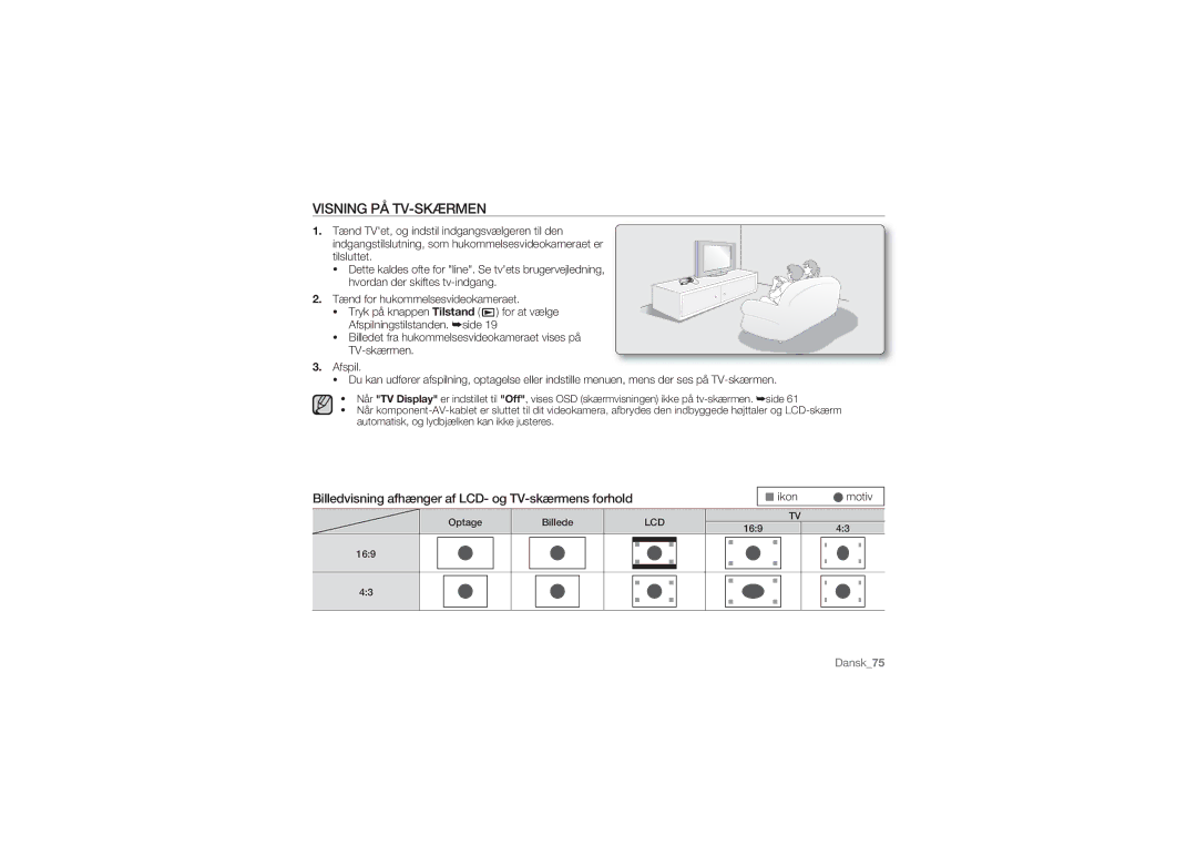 Samsung HMX-U10EP/EDC manual Visning PÅ TV-SKÆRMEN, Billedvisning afhænger af LCD- og TV-skærmens forhold, Ikon Motiv 