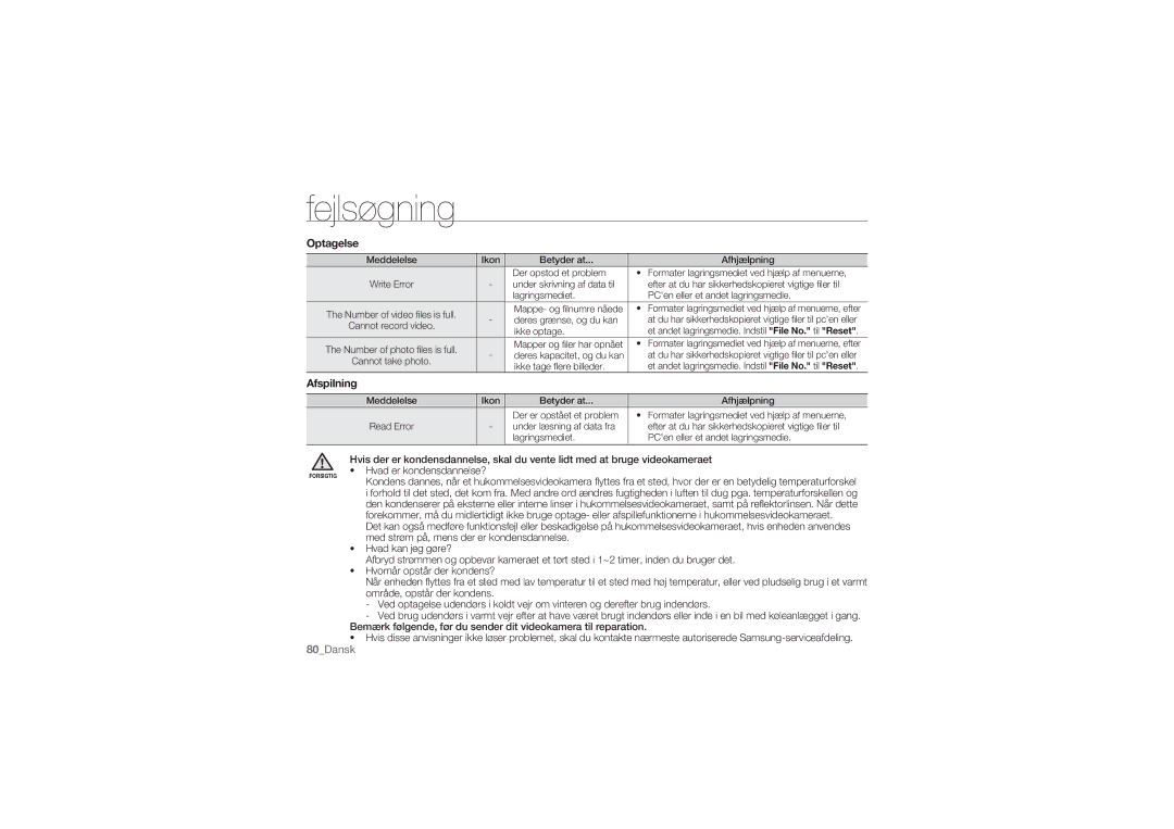 Samsung HMX-U10EP/EDC, HMX-U10BP/EDC, HMX-U10RP/EDC, HMX-U10UP/EDC, HMX-U10SP/EDC manual Optagelse, Afspilning 