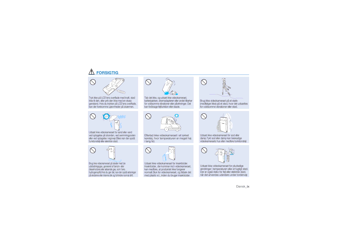 Samsung HMX-U10SP/EDC, HMX-U10BP/EDC, HMX-U10RP/EDC, HMX-U10UP/EDC, HMX-U10EP/EDC manual Forsigtig 