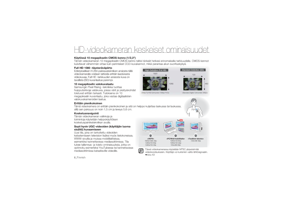 Samsung HMX-U10UP/EDC Käytössä 10 megapikselin CMOS-kenno 1/2,3, Full HD 1080 -täysteräväpiirto, Erittäin pienikokoinen 