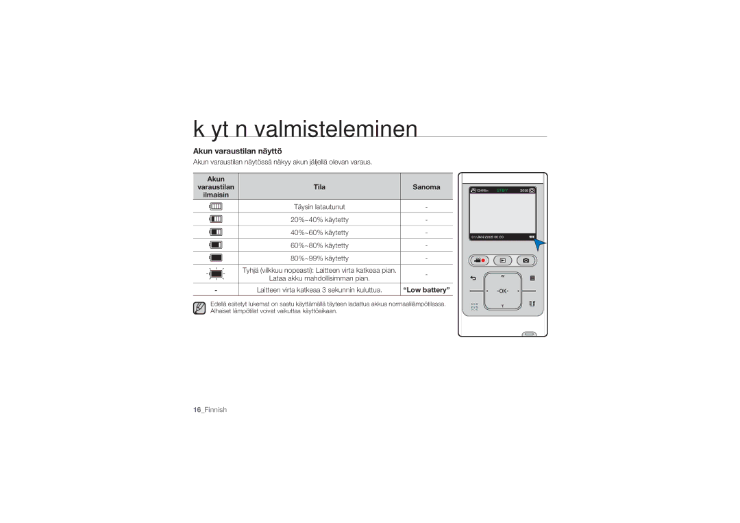 Samsung HMX-U10SP/EDC, HMX-U10BP/EDC, HMX-U10RP/EDC, HMX-U10UP/EDC, HMX-U10EP/EDC manual Akun varaustilan näyttö, Ilmaisin 