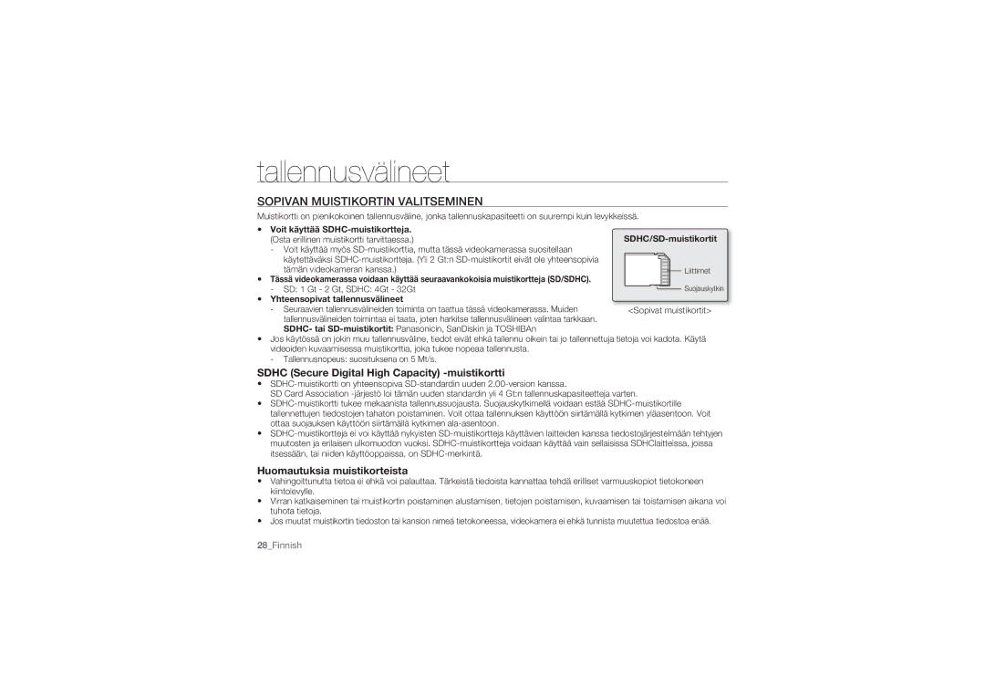 Samsung HMX-U10RP/EDC, HMX-U10BP/EDC Sopivan Muistikortin Valitseminen, Sdhc Secure Digital High Capacity -muistikortti 