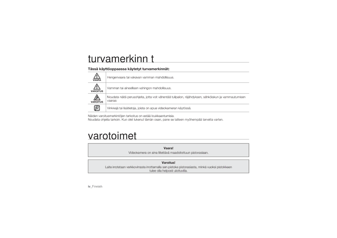 Samsung HMX-U10SP/EDC, HMX-U10BP/EDC manual Turvamerkinnät, Varotoimet, Tässä käyttöoppaassa käytetyt turvamerkinnät 