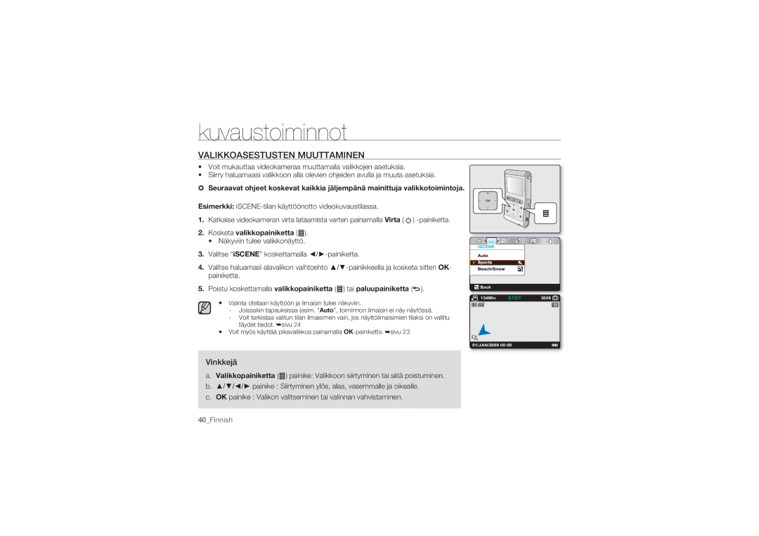 Samsung HMX-U10EP/EDC, HMX-U10BP/EDC, HMX-U10RP/EDC, HMX-U10UP/EDC manual Kuvaustoiminnot, Valikkoasestusten Muuttaminen 