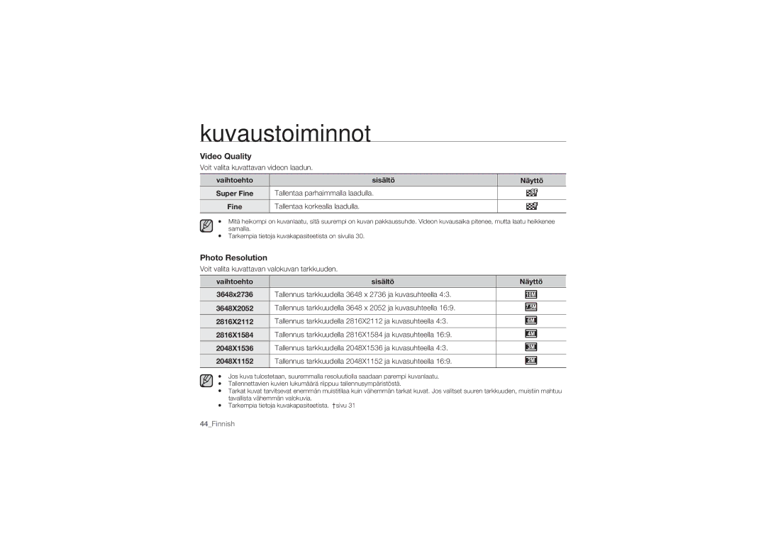 Samsung HMX-U10UP/EDC, HMX-U10BP/EDC manual Video Quality, Photo Resolution, Vaihtoehto, Tallentaa parhaimmalla laadulla 