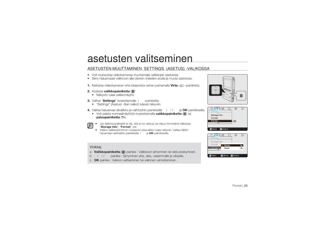 Samsung HMX-U10EP/EDC, HMX-U10BP/EDC manual Asetusten valitseminen, Asetusten Muuttaminen Settings Asetus -VALIKOSSA 