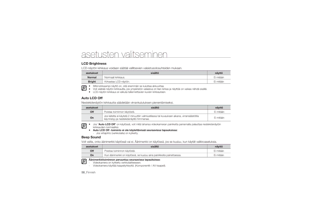 Samsung HMX-U10RP/EDC, HMX-U10BP/EDC, HMX-U10UP/EDC, HMX-U10EP/EDC, HMX-U10SP/EDC LCD Brightness, Auto LCD Off, Beep Sound 